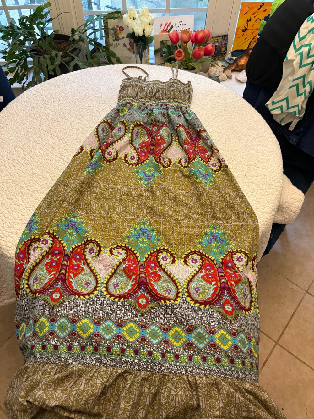 Cost Plus World Market Olive Maxi Dress with Red and Turquoise Paisley Accents